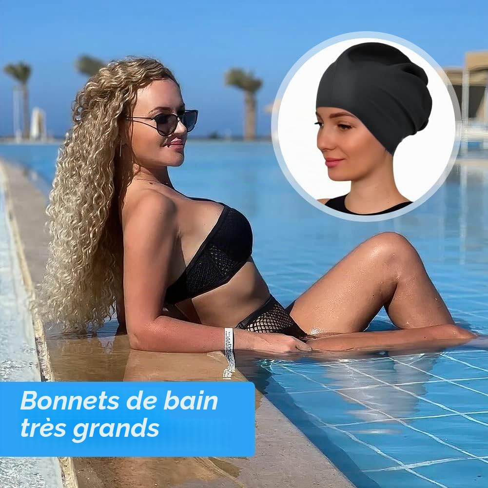 Bonnet de Bain Grand Silicone Imperméable Extra-Large pour Cheveux Longs Homme Femme