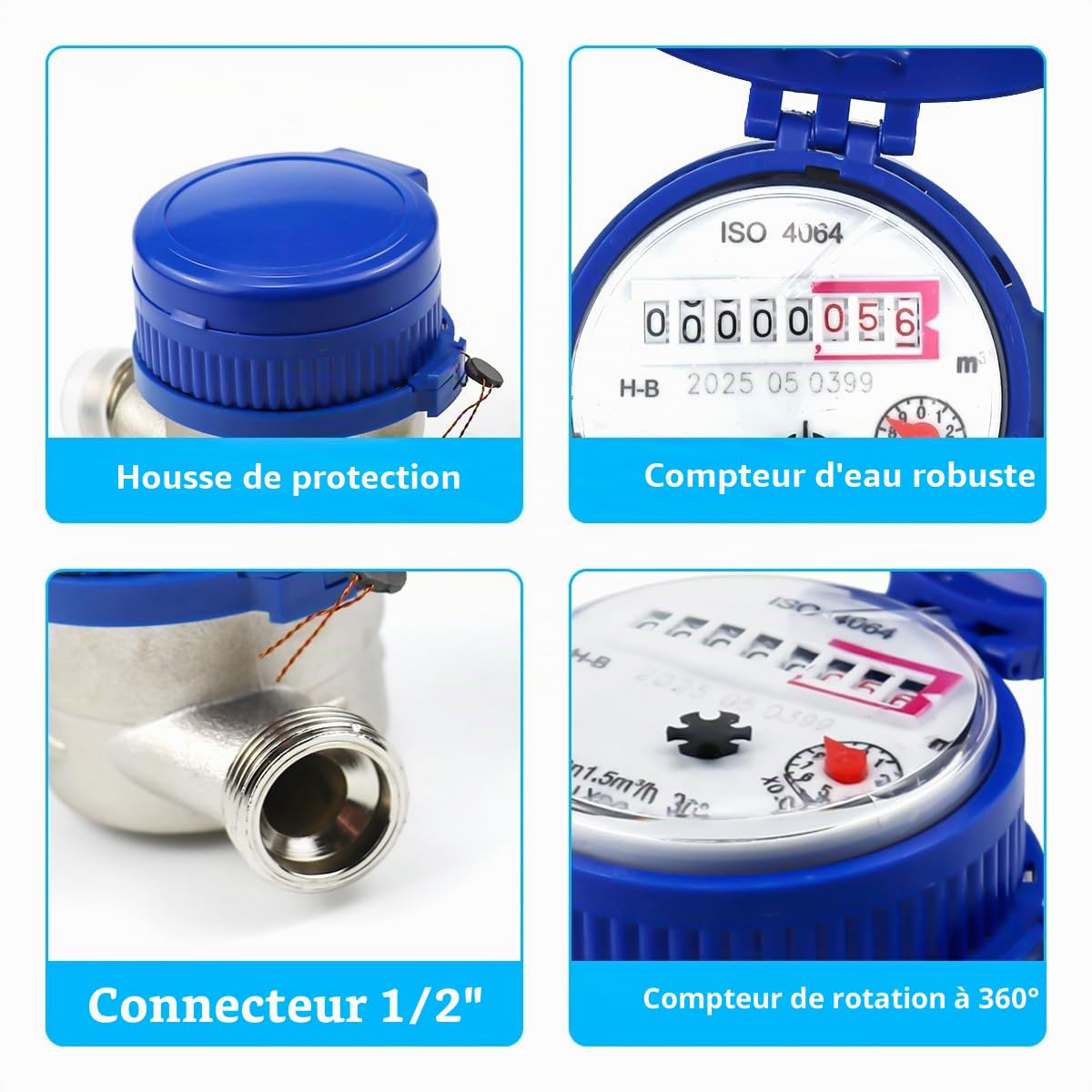 Compteur d'eau de jardin 1/2", horloge à eau froide calibrée, compteur de robinet avec accessoires de montage et couvercle de protection,pour usage domestique, jardin, 0-40℃ 1,5 m³/h