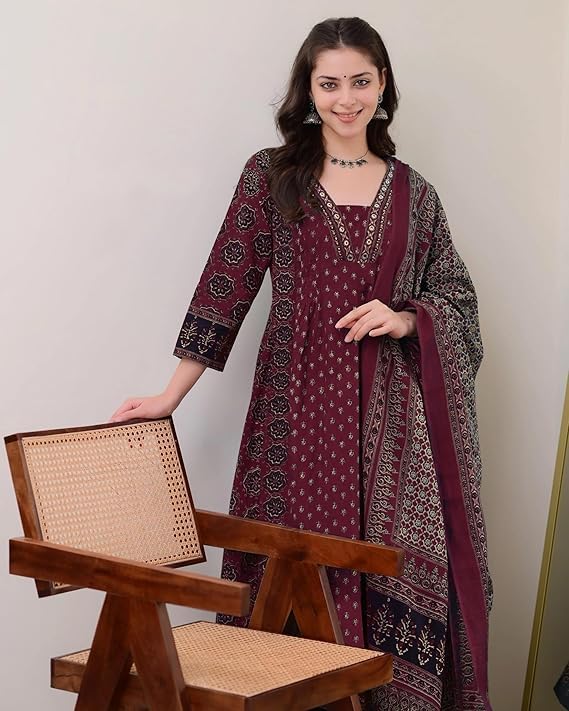 Image of ASSUME FAB Women's Blue Viscose Ajrakh Print Anarkali Kurta with Pant & Dupatta Set | Ethnic V-Neck Flared Salwar Suit for Wedding