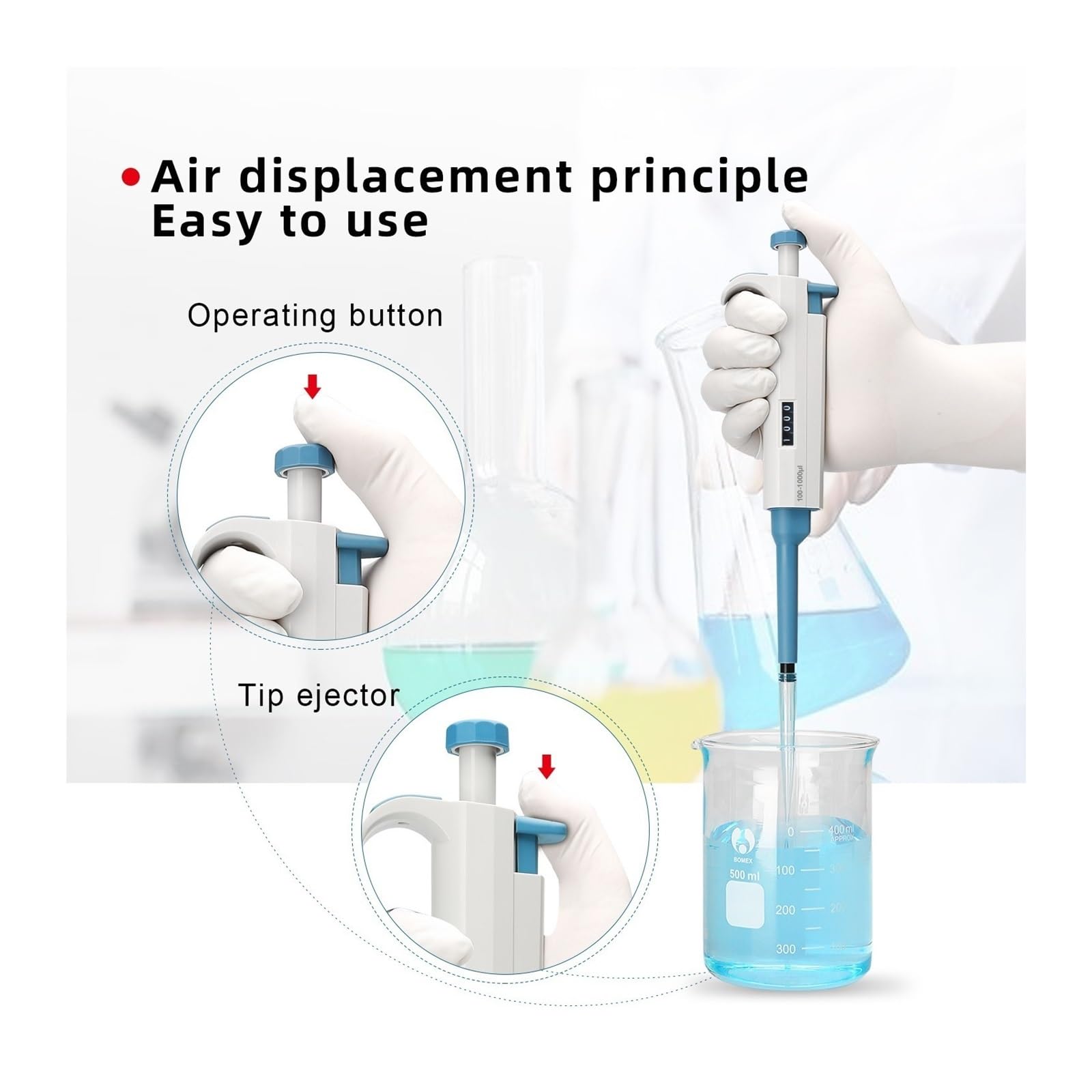 Pipeta automática de Laboratorio, Equipo de micropipeta Ajustable de un Solo Canal, pipeta de Transferencia de plástico con Puntas de pipeta(100-1000ul)