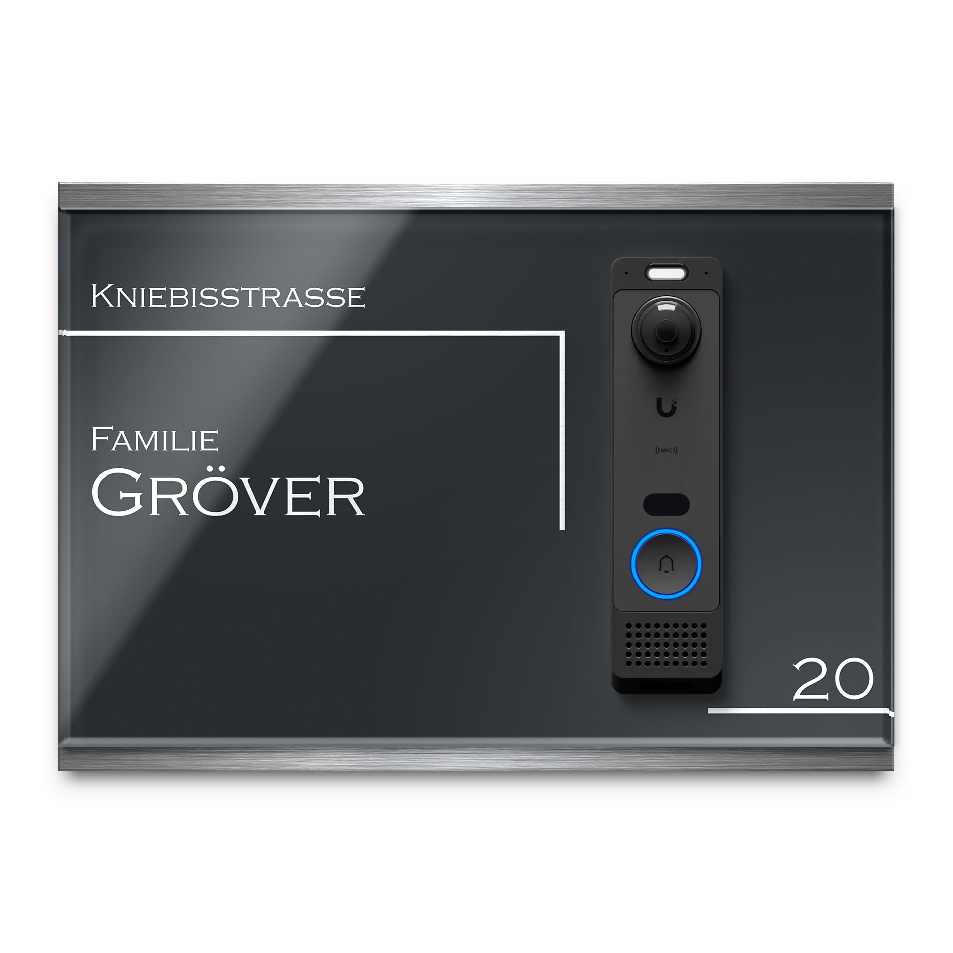 Namensschild für Ubiquiti UniFi G6 Entry aus Edelstahl & Hochglanz Acrylglas - Zubehör Schild für Video Türklingeln & Smart Home Systeme - Personalisiert & wetterfest (34x24 cm)