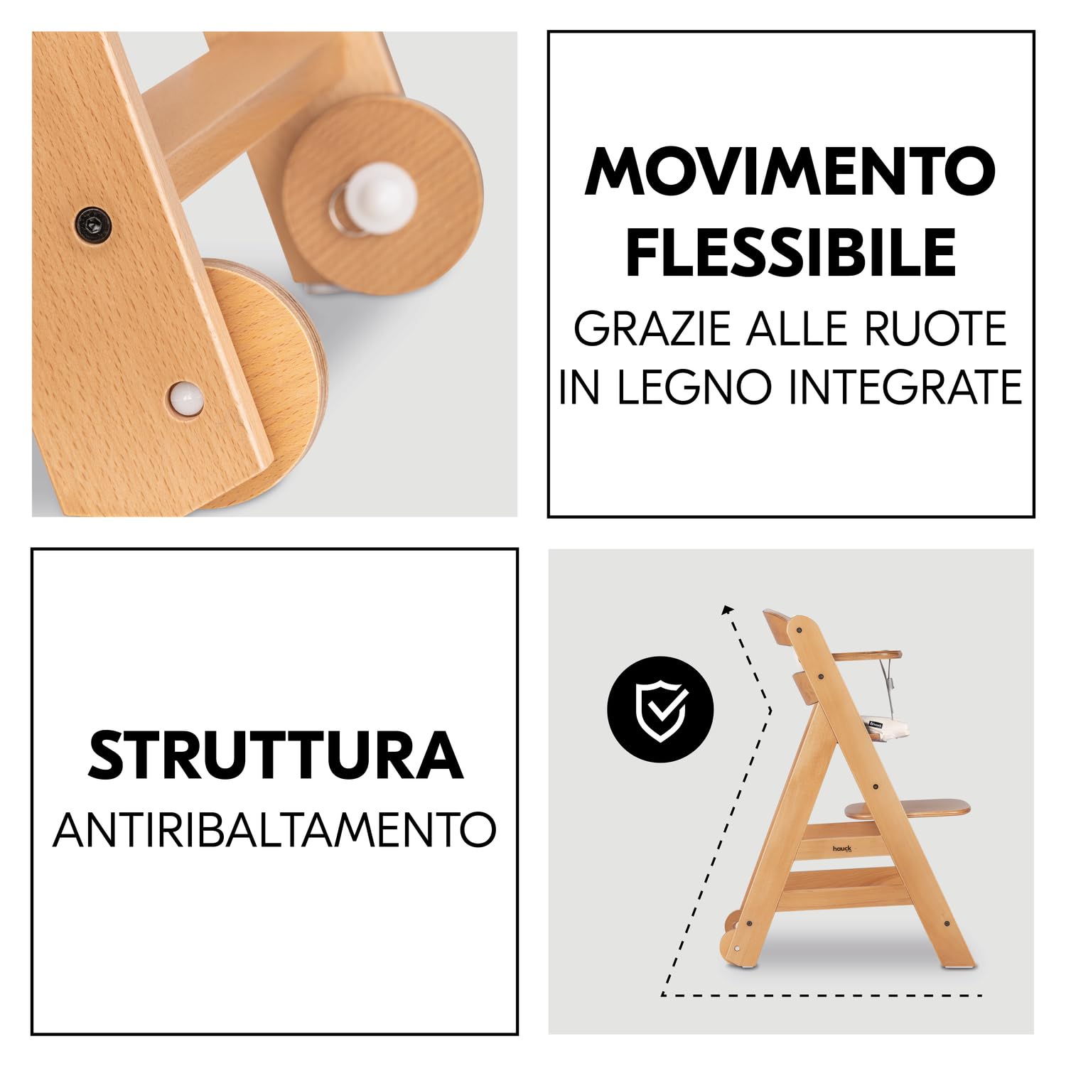 hauck Beta+, Naturale - Kit Seggiolone Pappa con Ruote, Vassoio, Barra Protettiva, Cuscino di Seduta, Cintura a 5 Punti e Cinturina Inguinale - per Bambini 6 Mesi fino a 90 kg - Legno di Faggio