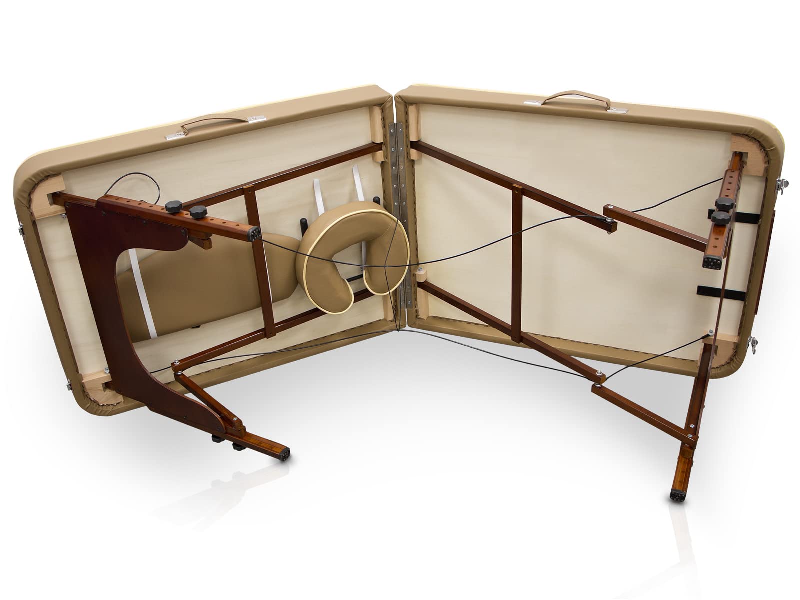 QUIRUMED Lettino da massaggio per SPA, portatile, in legno, colore beige, legno verniciato, similpelle, imbottitura ad alta densità, altezza regolabile, pieghevole, testa rimovibile, fino a 210 kg