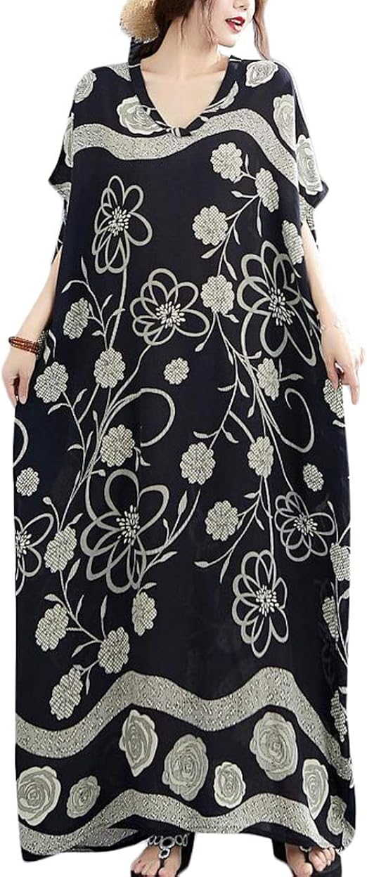 Amazon Co Jp Yyq Shop ワンピース レディース 花柄 マキシワンピース 半袖 Vネック おしゃれ ロングワンピース 夏 オーバーサイズ リゾートワンピース マキシ丈 大きいサイズ Freesize黒 服 ファッション小物