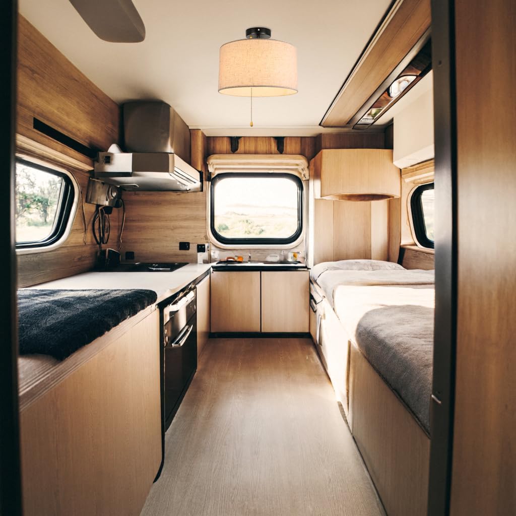 12V RV Drum Interior Lighting with Zipper Switch Natural Linen Boho Beige Fabric Dome Shade, Replaceable 2700K Bulb Included Semi Flush Mount Decorative for Trailer Camper's Decor