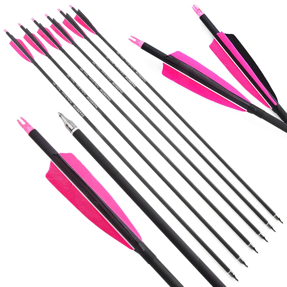 AMEYXGS 12 Stück Bogenschießen Carbonpfeile 30 Zoll Bogenpfeile Jagdpfeile Spine 500 Zielpfeile mit 4" Truthahnfedern Austauschbare Pfeilspitzen für Recurvebogen Compoundbogen (Rosa)
