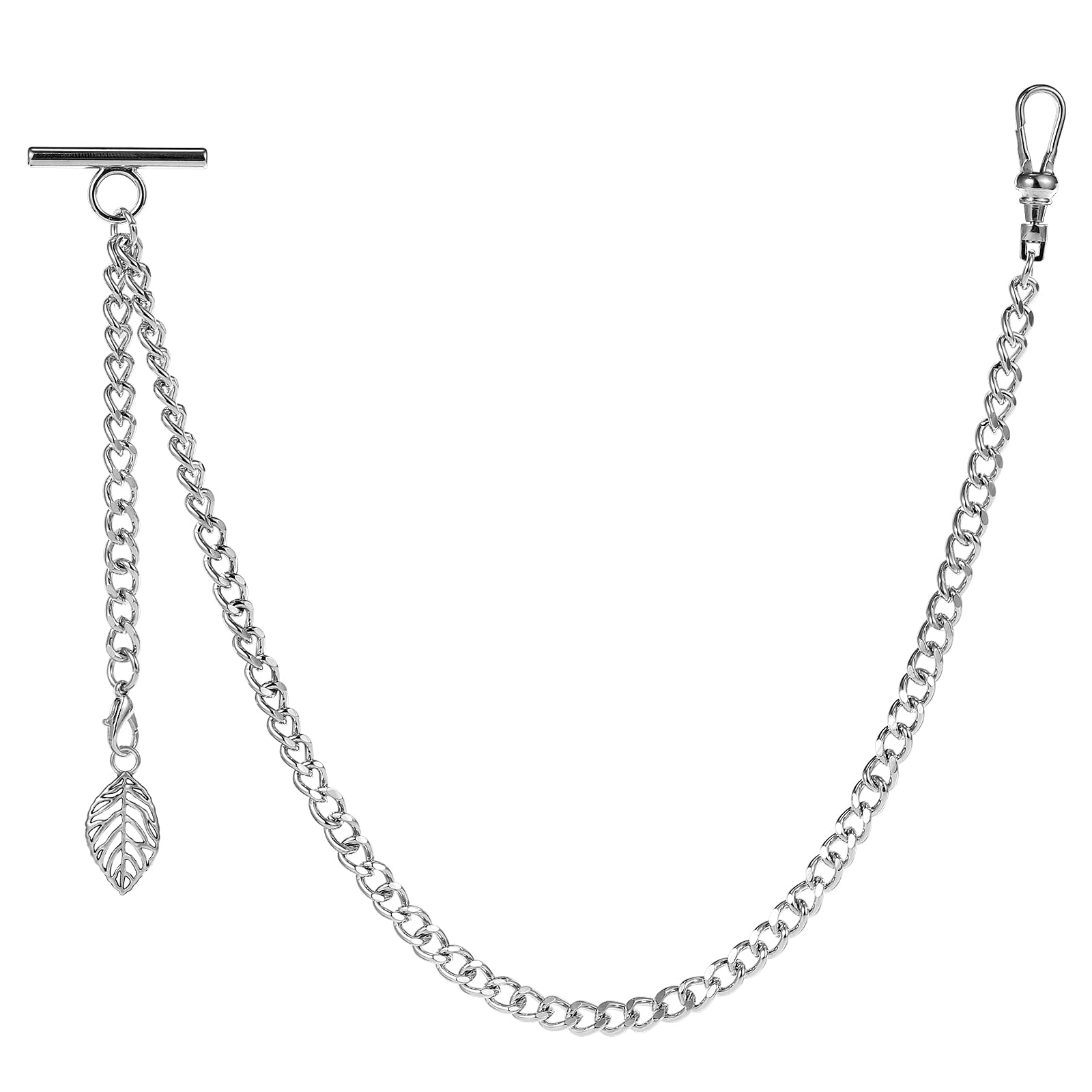 ZTA Albert Chaîne de montre de poche pour homme avec chaîne de gilet et fermoir pivotant avec pendentif en forme de feuille, Argent (Silver)