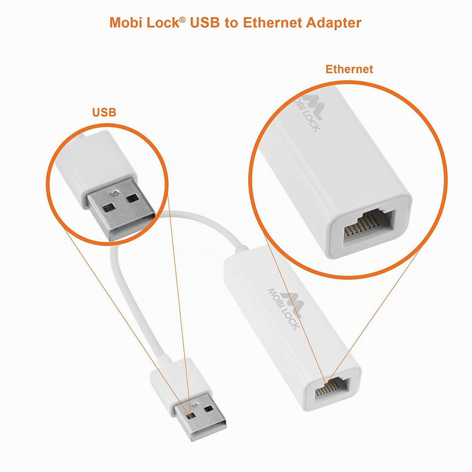 Mobi Lock Adaptateur Réseau USB Ethernet USB 2.0 pour Ordinateurs Portables Windows 7-11 Mac OS X