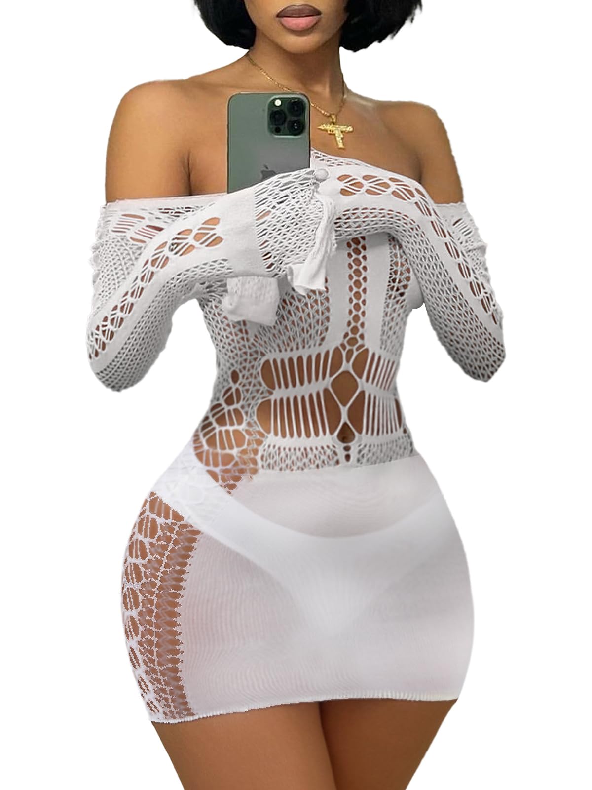 Buitifo Sexy Lingerie for Women Fishnet Mini Dress One Piece Babydoll Nightwear: White Medium