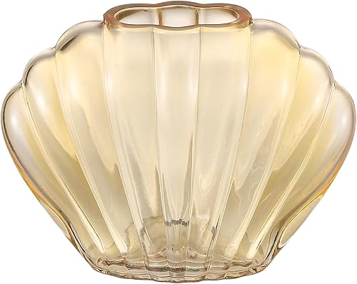 MARTAGE Jarrón de vidrio ámbar, florero de cristal, pequeño jarrón de vidrio, bonito jarrón ámbar, florero de concha de mar acanalado para centro de