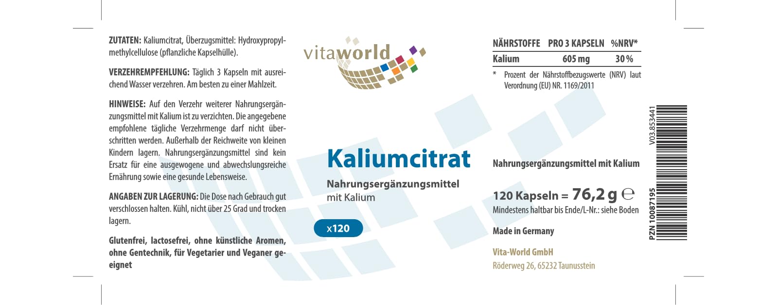 3er Pack Vita World Kaliumcitrat 605mg Tagesdosis 3 x 120 Kapseln Vegan Apotheker-Herstellung Kalium Citrat