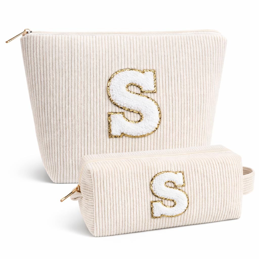 Giftota 2 Stück Personalisierte Kosmetiktasche Damen Cord Schminktasche, A–Z Make up Tasche mit Buchstaben, Kulturtasche für Reisen, Geschenk für Frauen Mädchen, Geburtstagsgeschenk für Frauen Mama S