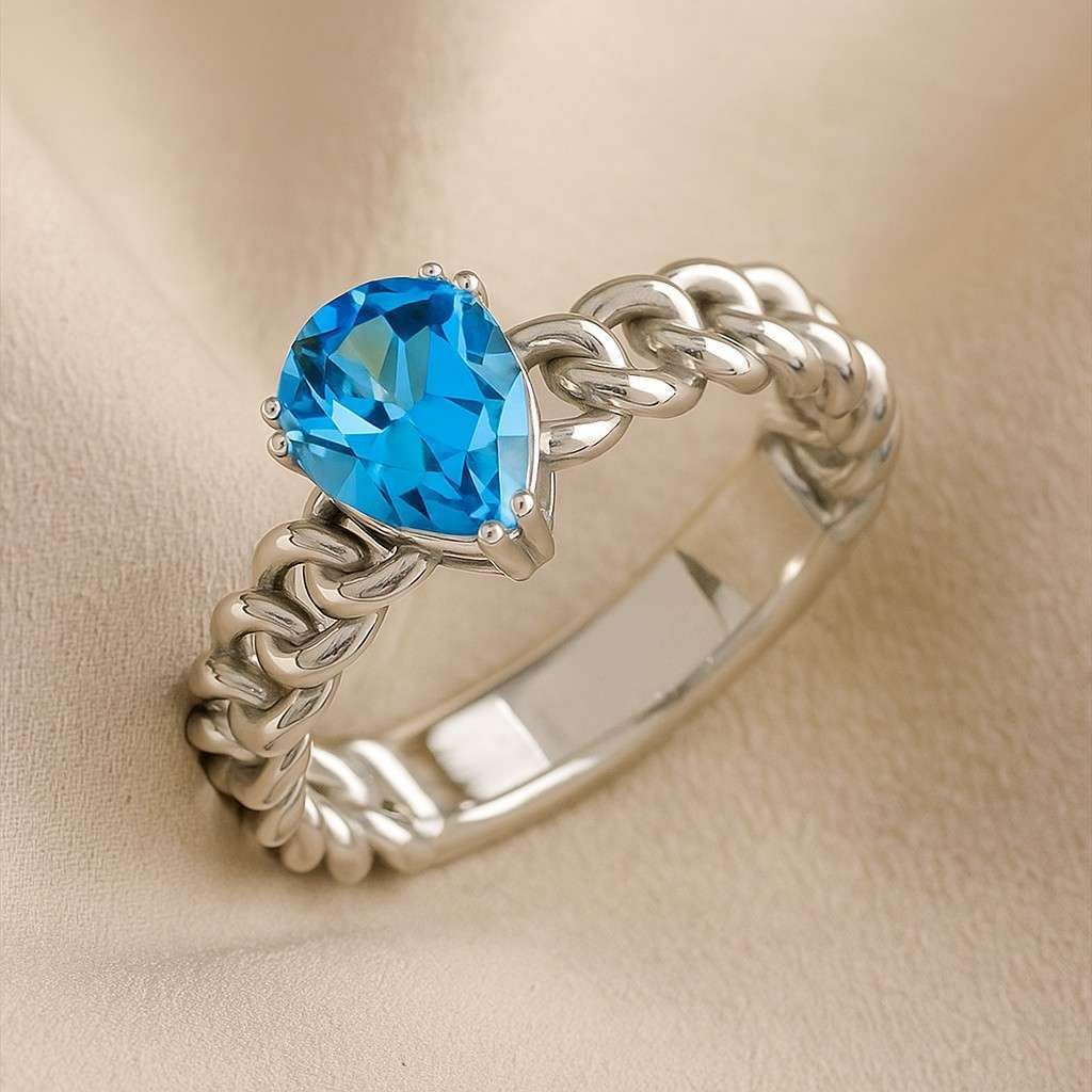Swiss Blue Topaz Solitaire Ring for Women in 14k Solid Gold or 925 Sterling Silver – Pear Cut Blue Gemstone Chain-Style Band – December Birthstone Fine Jewelry Gift