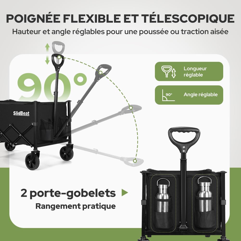SLIDBEAT Chariot Pliable et Léger - 120L Capacité, pour Camping Courses Jardin Peche, Chariot de Transport Tout Terrain avec Roues 360° Démontables et Toile Lavable (2 Porte-Gobelets)