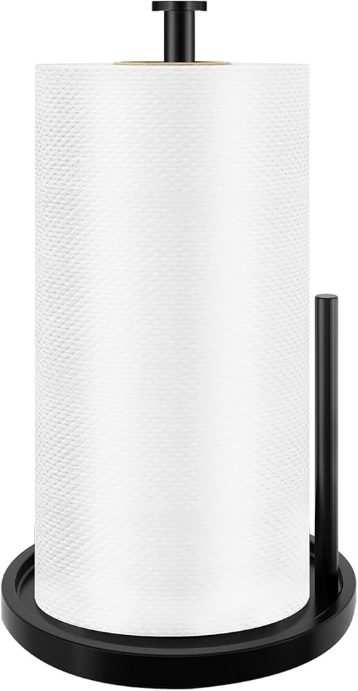 Paper Towel Holder Countertop, Standing Paper Roll Holder with Anti Slip Weighted Base, Stainless Steel Paper Towel Holder Suit for Standard and Large Rolls, Black