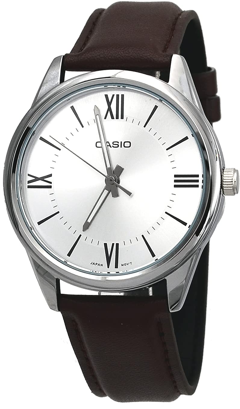 MTP-V005L-7B5 Men's Standard Analog Brown Leather Band Roman Silver Dial Watch