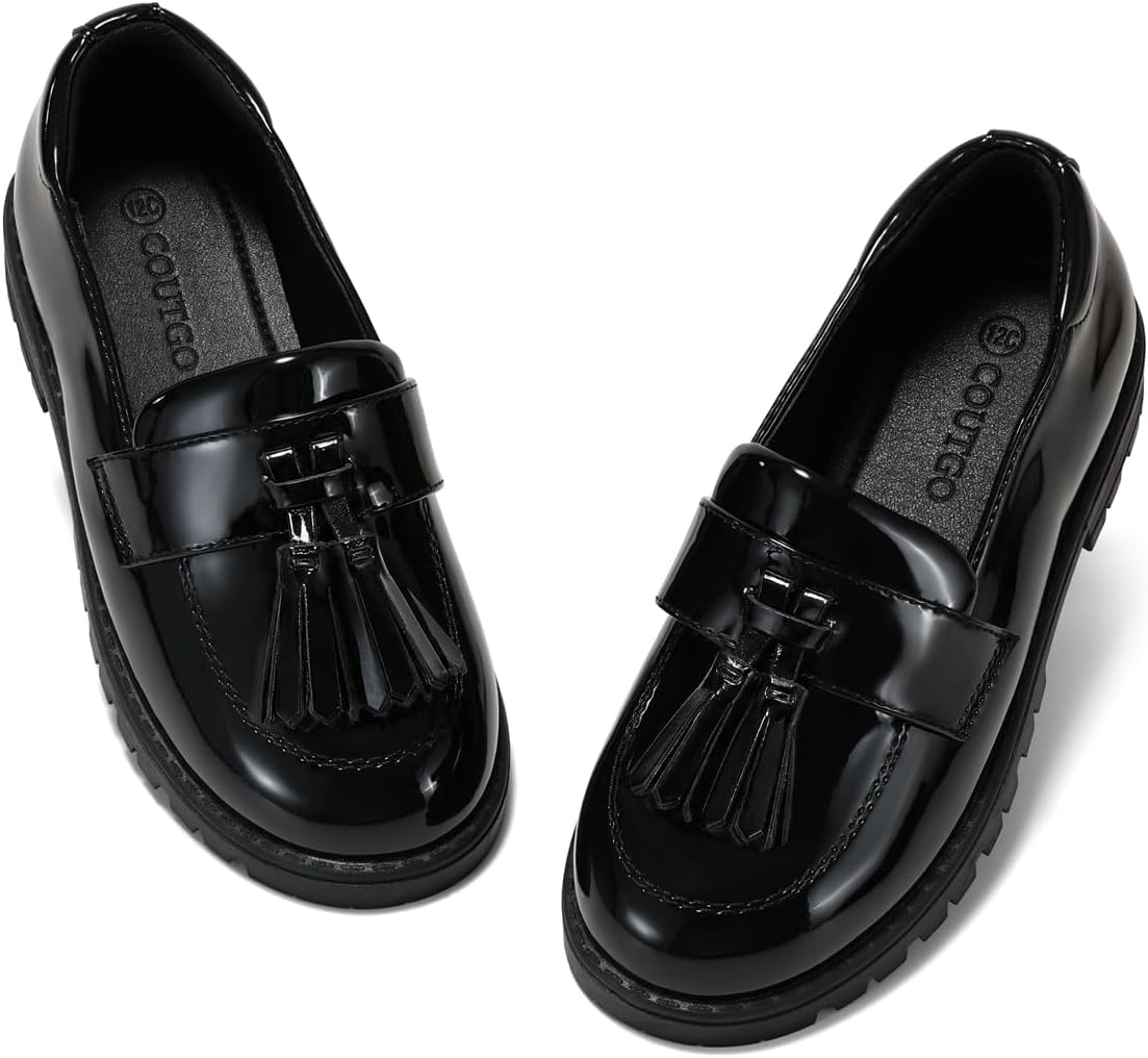 Coutgo Girl's Platform Loafers Slip On Tassel School Uniform Dress Shoes