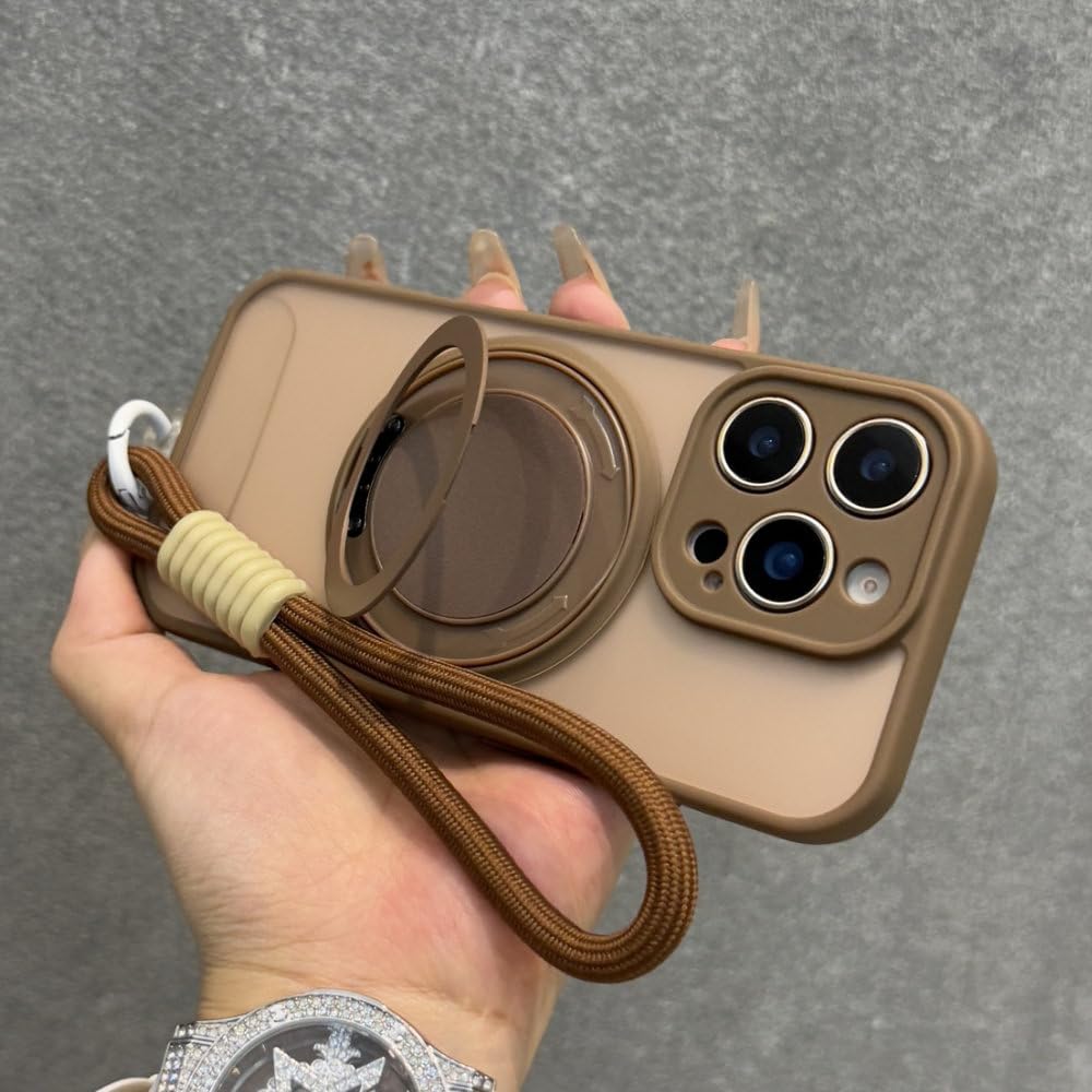 Magnetyczny uchwyt pierścieniowy, pasek na nadgarstek, etui z przewodem do iPhone'a 16 11 12 13 14 15 Pro Max Plus, matowe, odporne na wstrząsy, brązowe, do iPhone'a 15 Pro Max