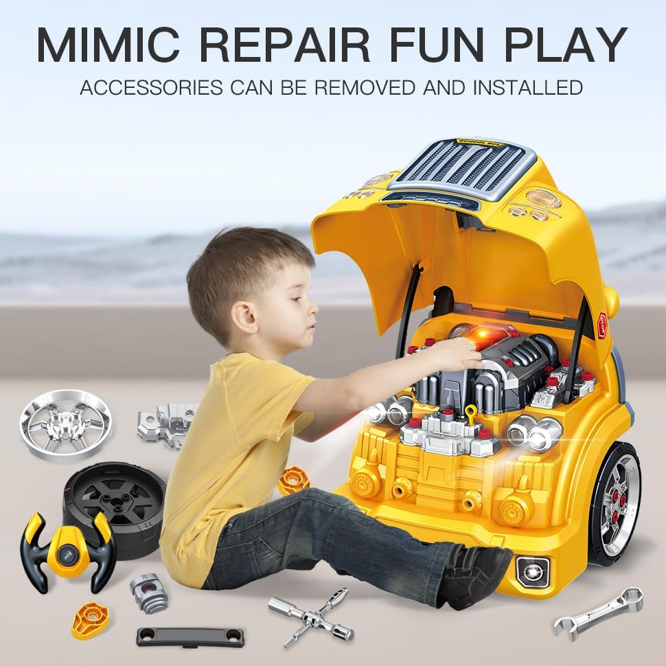 A child engaged in 'repair' play with the truck engine toy, with various removable parts and tools scattered around.