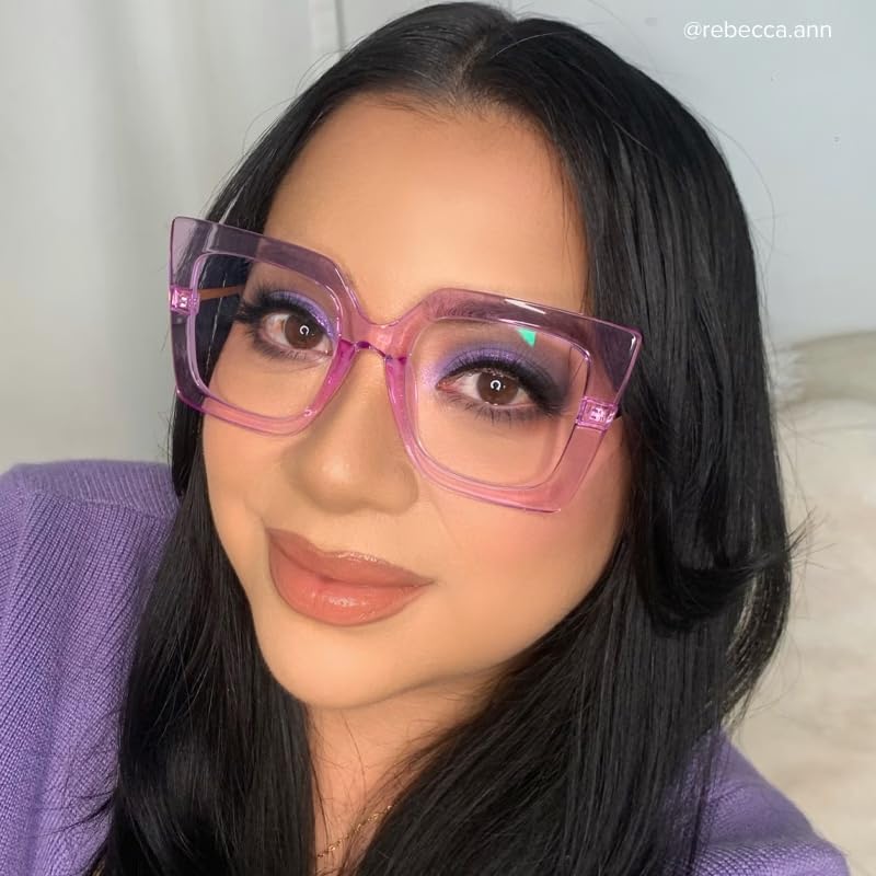 VOOGLAM Square Blue Light Blocking Glasses for Women Oversized Thick Fashion Eyewear with Pearl Inlay Arm Anti Eyestrain UV Light/Purple Clear image 2 of 9 B088GTLL5R