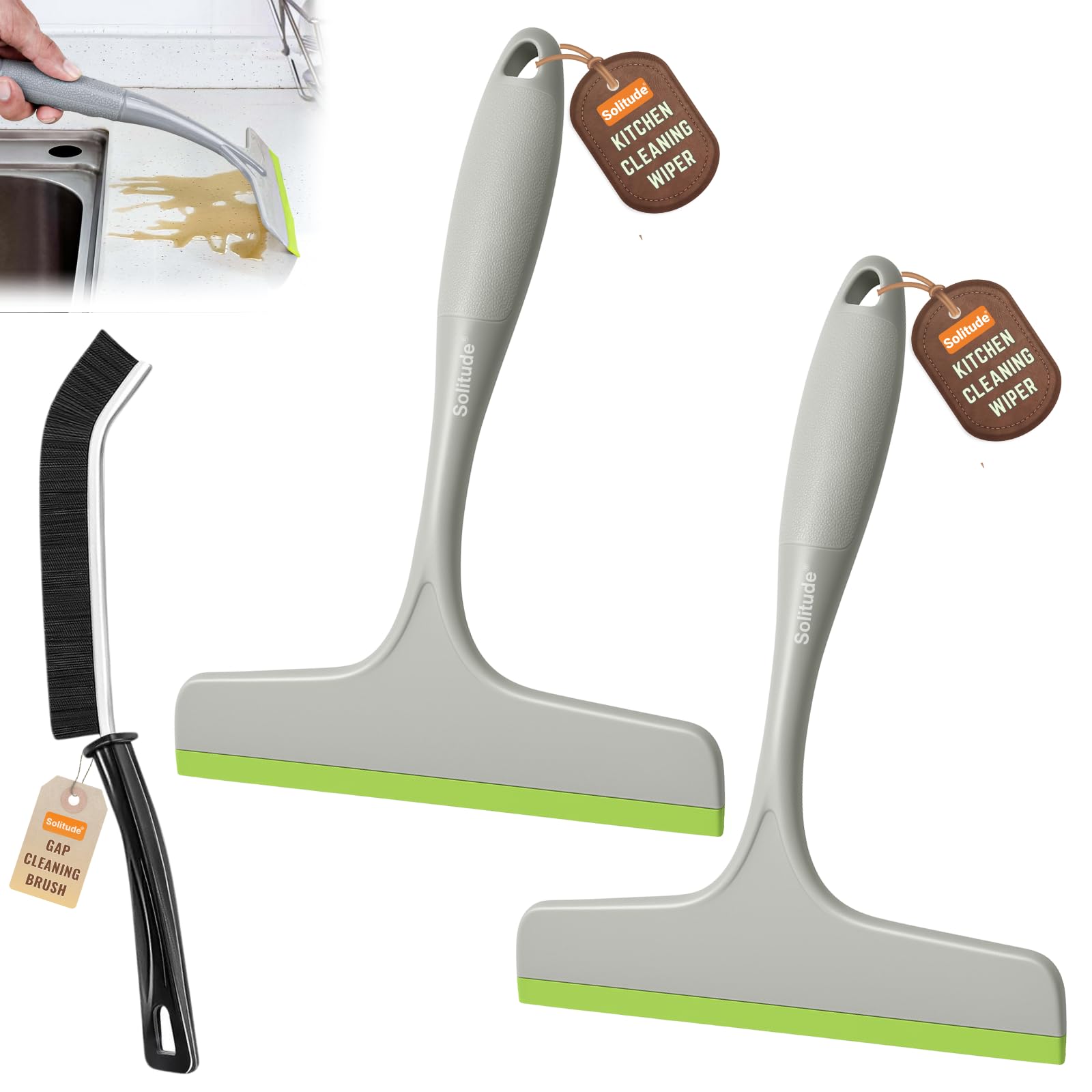 Solitude Pack of 2 Wipers + 1 Gap Cleaning Brush, Multi-Purpose Kitchen Platform & Glass Cleaning Squeegee for Windows, Car Windshields, Bathroom Mirrors & Tables for Home, Kitchen & Office