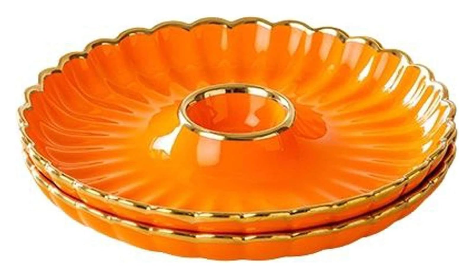 Ceramic Divided Dinner Plates Set of 2 Round Compartment Plates for Taco Shrimp Cocktail Solid Color Condiment Serving Tray (Orange)