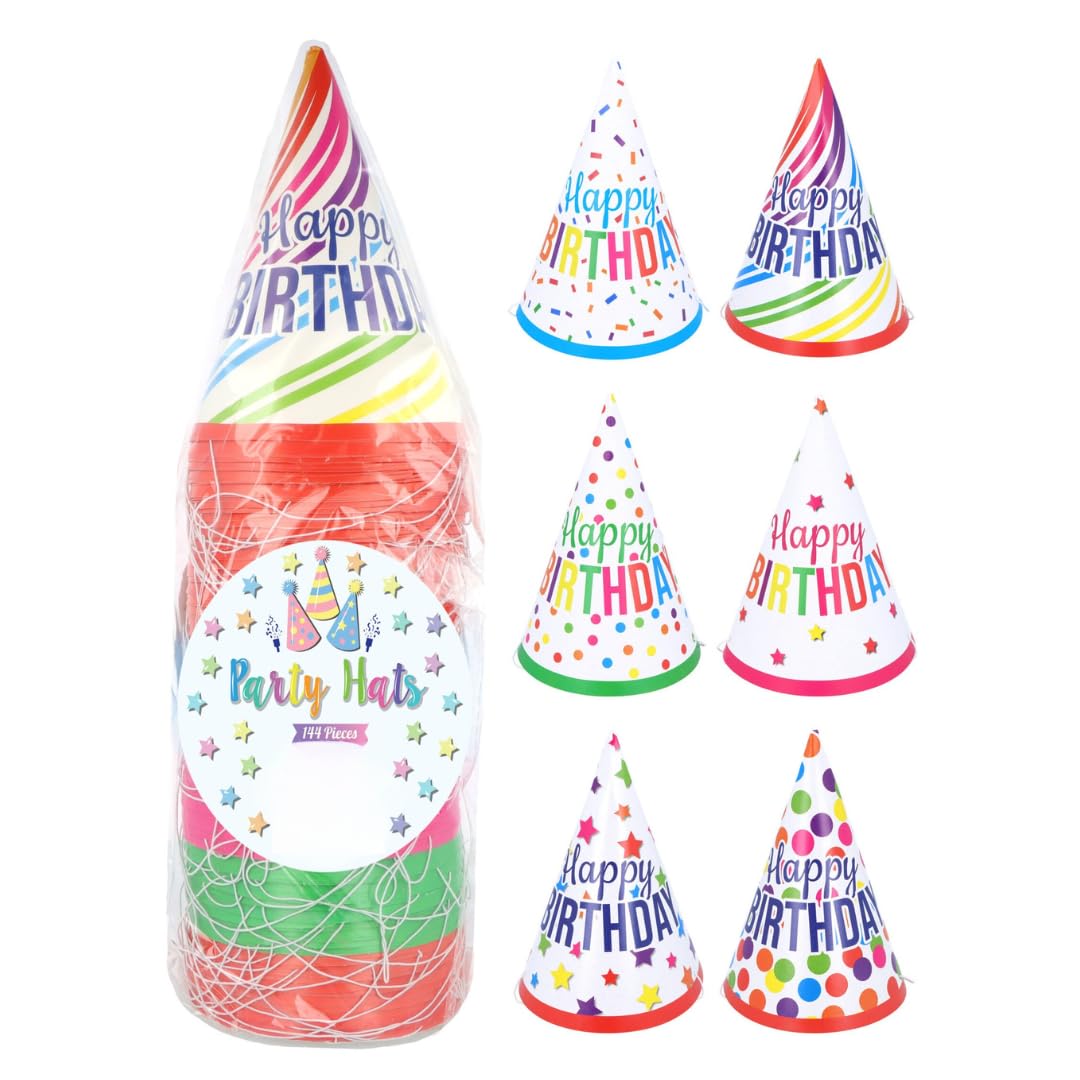 TC Toys - x144 Pack PRE-ASSEMBLED Happy Birthday Party Hats – Bulk Wholesale 16.5cm Neon Cone Hats – 6 Assorted Designs – Ready to Wear Birthday Crowns for Schools, Event Planners & Soft Play Centres