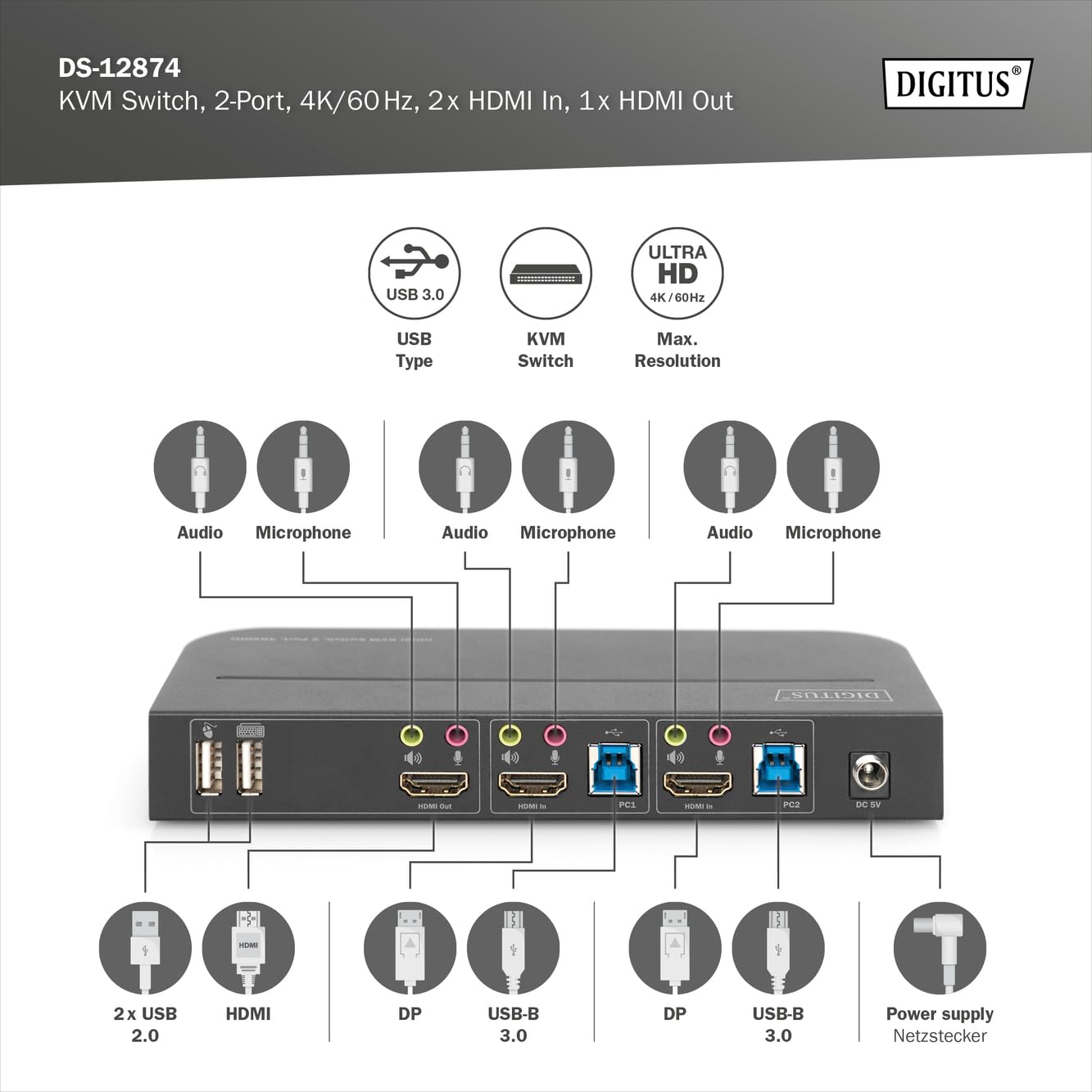 DIGITUS Commutateur KVM HDMI – 2 ports, affichage unique – 2 PC, 1 moniteur – 1 souris, clavier et audio pour 2 ordinateurs – UHD 4K 60Hz (4096 x 2160p) – 2 hubs USB 3.0 – Noir