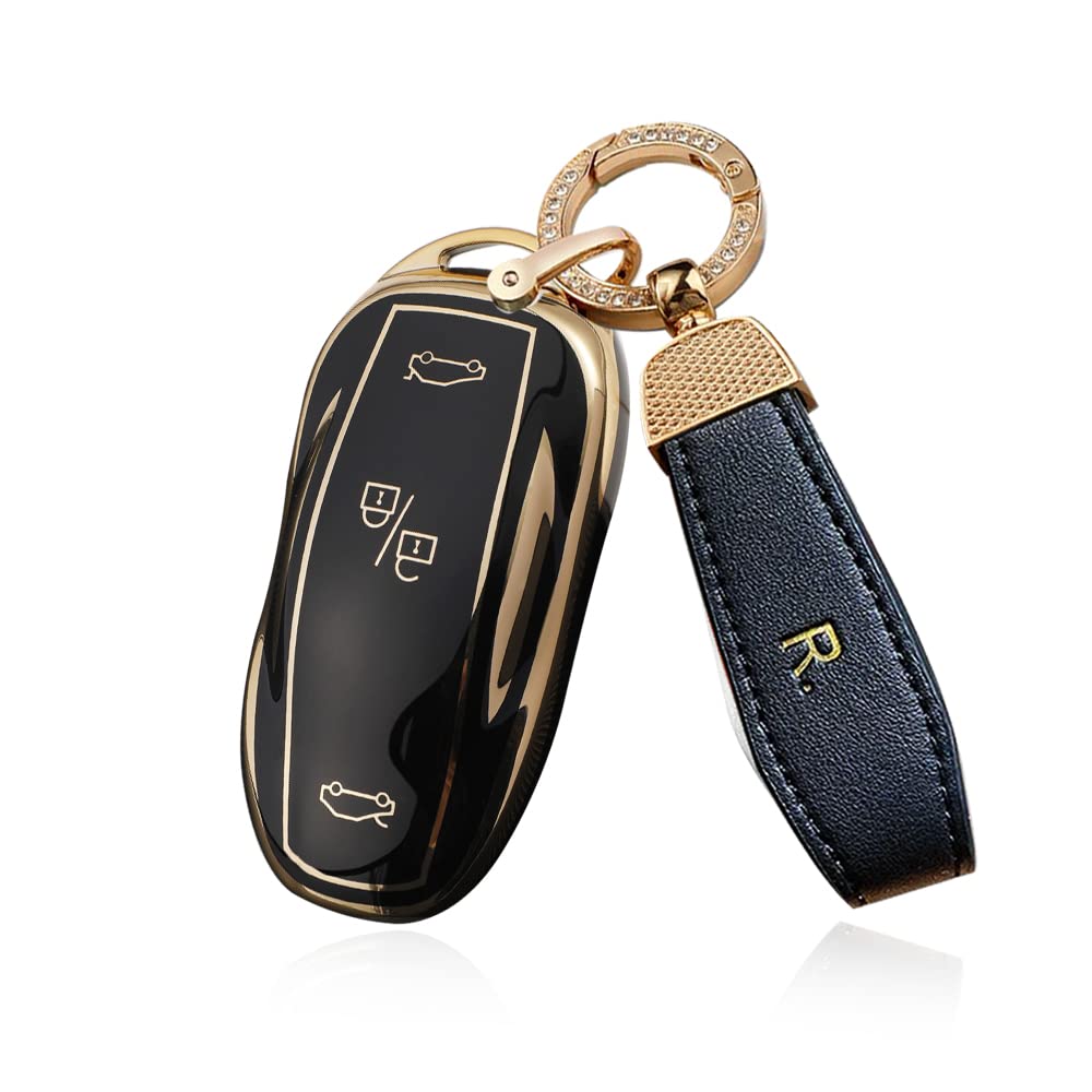 SANRILY Fit for Tesla Fit for Model X Key Fob Cover Keyless Full Protection Soft TPU Golden-Edge Smart Key Holder Case with Leather Keychain Black