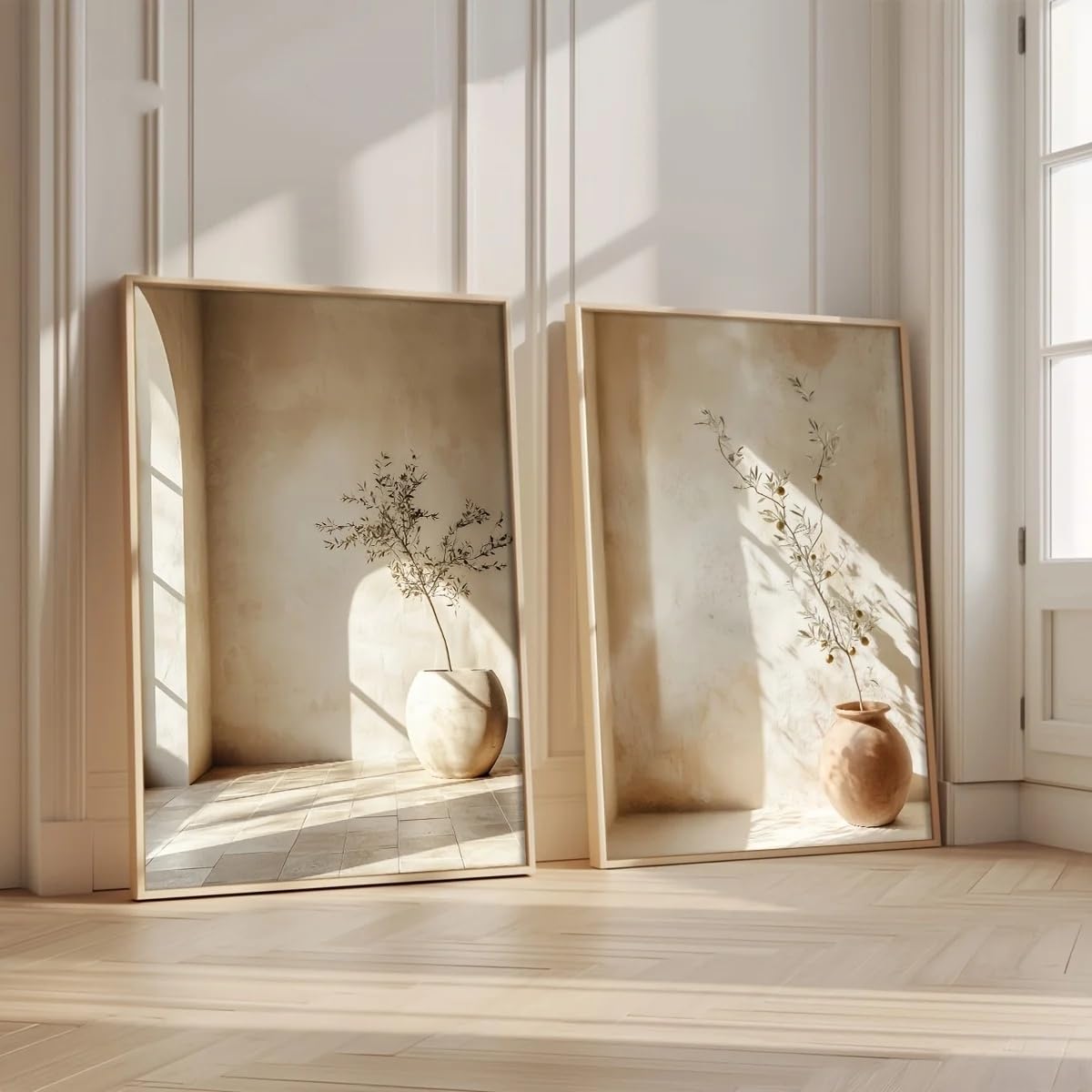 GOSRD Olive Branch Terracotta Vase Canvas Prints Poster Neutral Beige Rustic Botanical Art Home Decor(60x90CM-2pcs/Frameless)