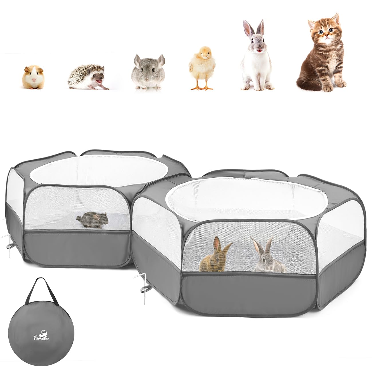 Photo 1 of Pawaboo Small Animals Playpen, Portable Chicken Coop Run Large Chick Brooder with Zipper Splicing, Pop Up Pet Enclosure Cat Tent for Guinea Pig Bunny Puppy Indoor Outdoor, Gray