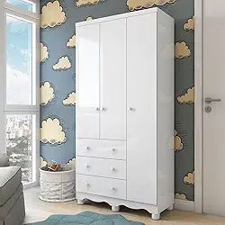 Guarda Roupa de Bebê 3 Portas 3 Gavetas Junior Móveis Peroba Branco Brilho