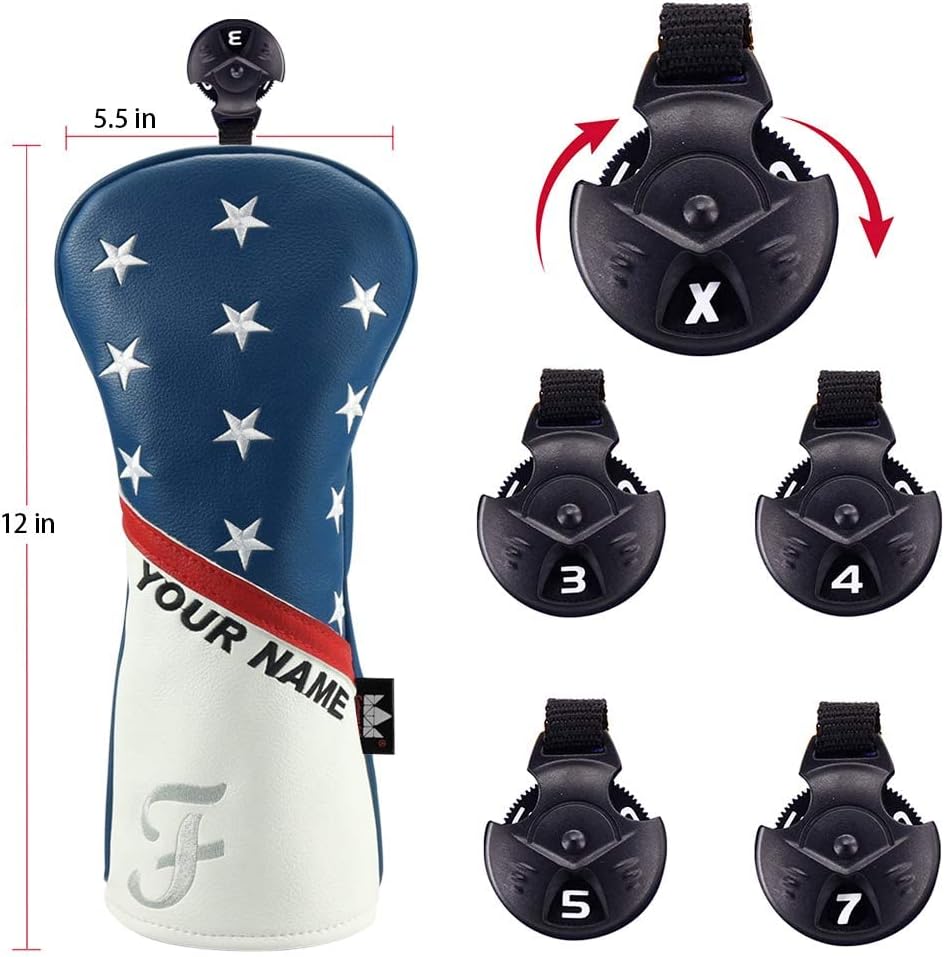 Personalised White Red Blue Stripes Stars Golf Headcover with Name for Driver Fairway Hybrid Club