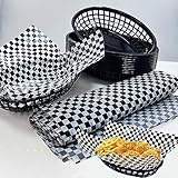 Rainmae Plastic Food Baskets with Deli Liners, 12 Fast Food Baskets, Oval Tray and Liners Reusable Chip Basket for Burgers, Sandwiches, Snacks, Candy Fruits, Restaurant Tray - Retro Style