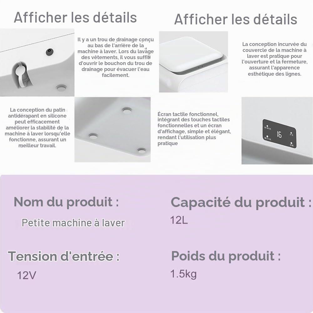 Mini Lave Linge Portable, Mini Machine à Laver avec Tuyau de Vidange 12 L Lavage Double Mode Affichage de L'heure Lumière Bleue pour sous-vêtements et Chaussettes White