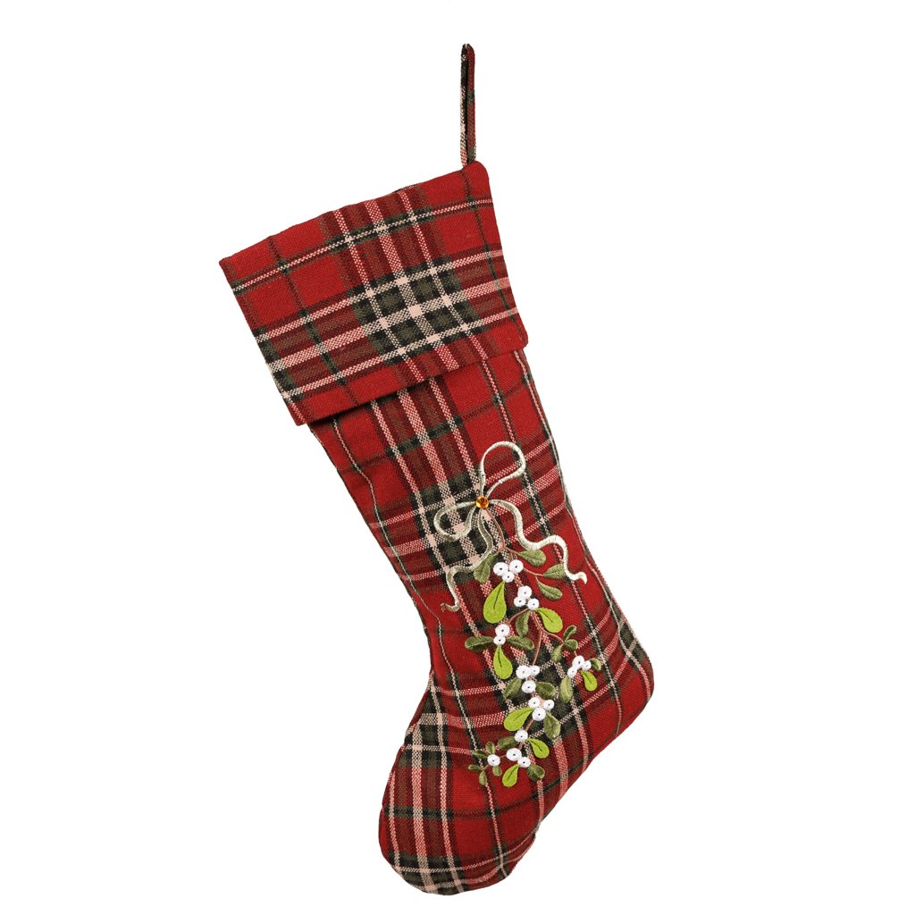 Dibor Red Traditional Large Tartan Embroide Mistletoe Christmas Stocking - H51cm