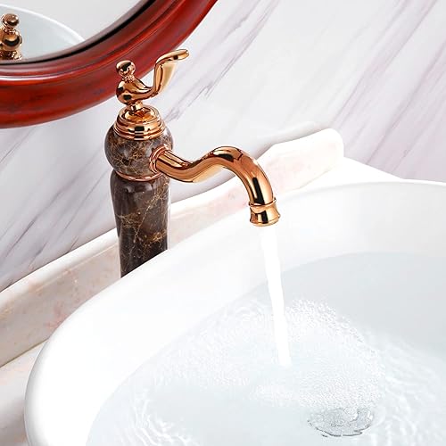 Miniatura 2 de Grifo de baño de oro rosa de mármol de café alto de lujo latón con recipiente de piedra emperador natural de una sola manija grifos de lavabo de un