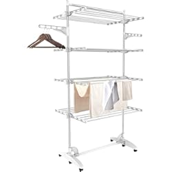 Tendedero Marta Techo Todeco - Estante para Secado de Ropa, Tendedero - Material: Tubos de acero inoxidable - Carga máxima: 3 kg por barra de soporte - 4 estantes, Blanco, con alas y barra superior