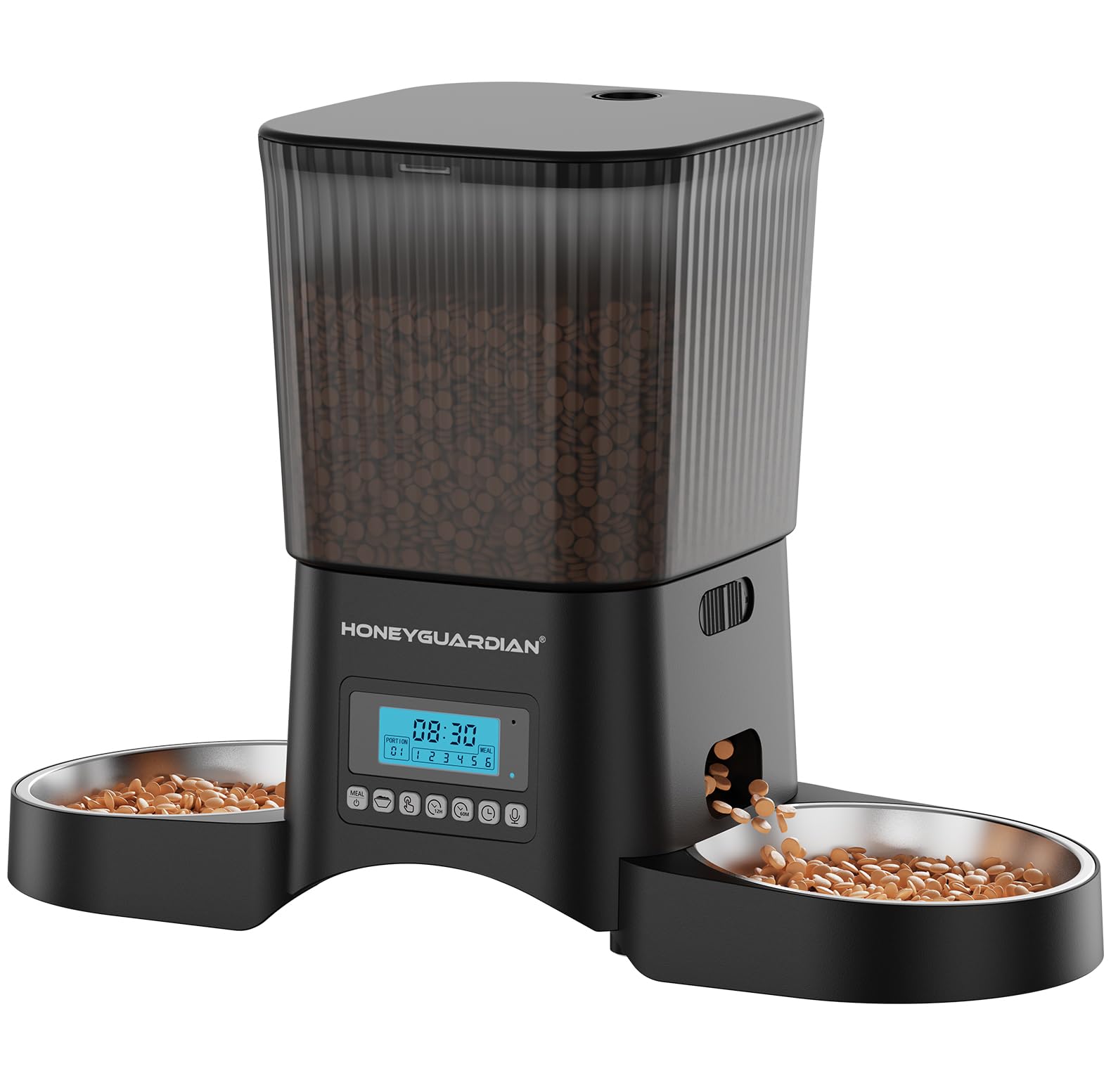 HoneyGuaridan Distributore Automatico Cibo Gatti con 2 Ciotole in Acciaio Inox, 4 Piedini Antiscivolo, Stabilità, 3.5L Distributore Automatico per Gatti e Cani, 6 Pasti al Giorno e Controllo del Timer