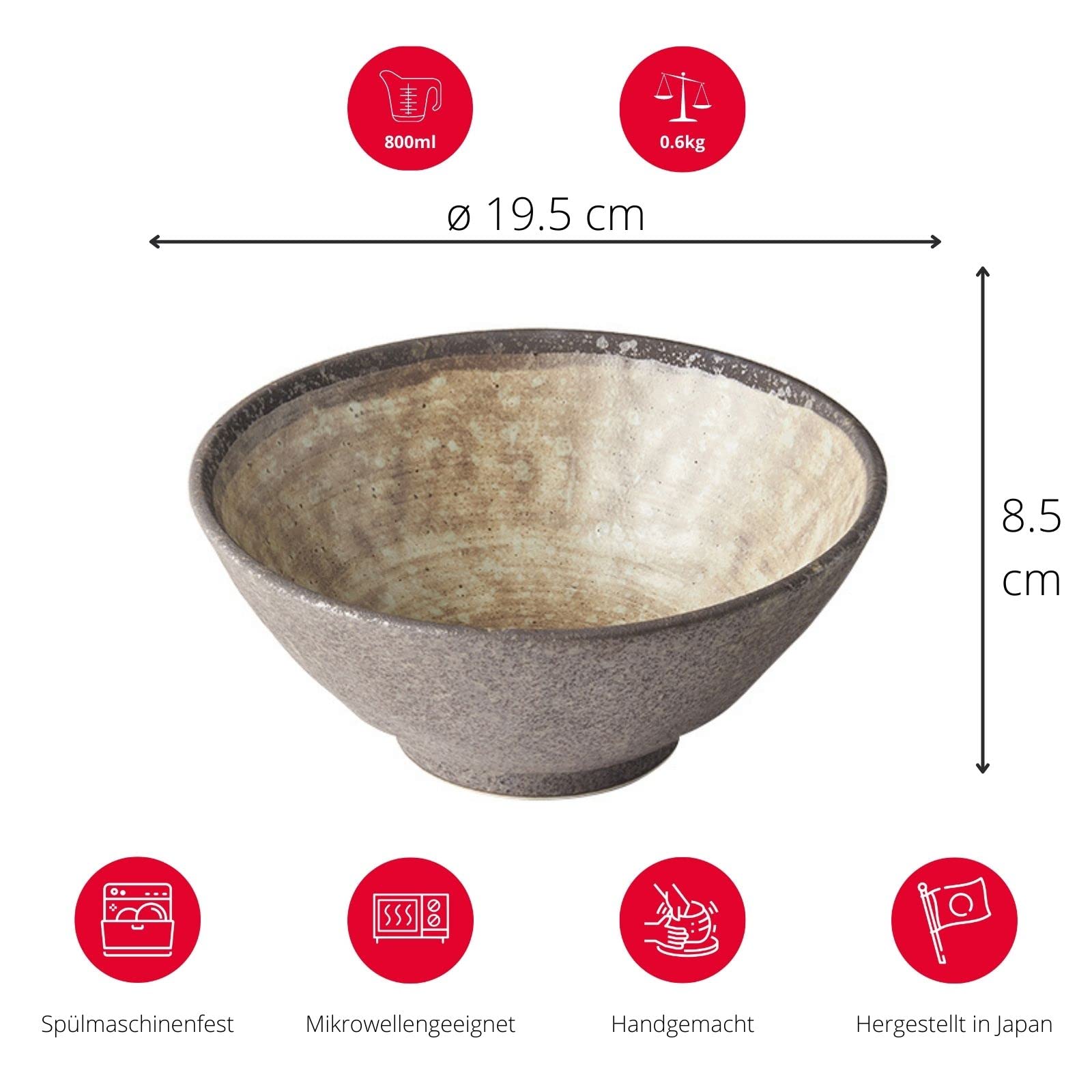 MIJ Europe Japanischer Udon Schüssel aus Keramik, Pastaschüssel, Suppenschale, Salatschüssel, Braun, Beige, Nin-Rin, 19.5 cm Durchmesser, 800 ml, 1st, für Udon Ramen Soba Pho Asiatische Nudeln