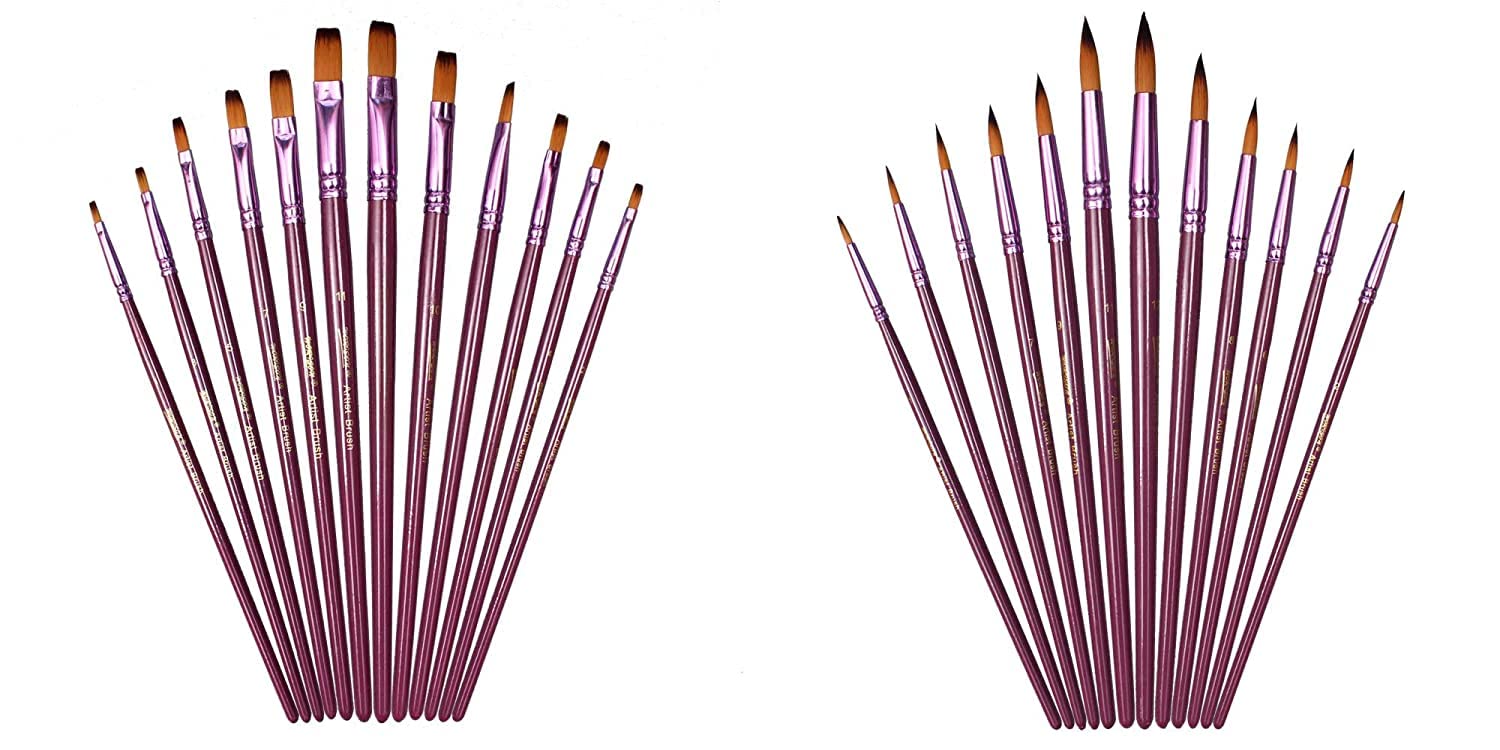 KRAFTMASTERS� 24 Pieces Flat and Round Various Size Artist Fine Nylon Hair Paint Brush Set Watercolor Acrylic Oil Painting Brush Size for Drawing Art Supplies: 1-12 (Multicolor)