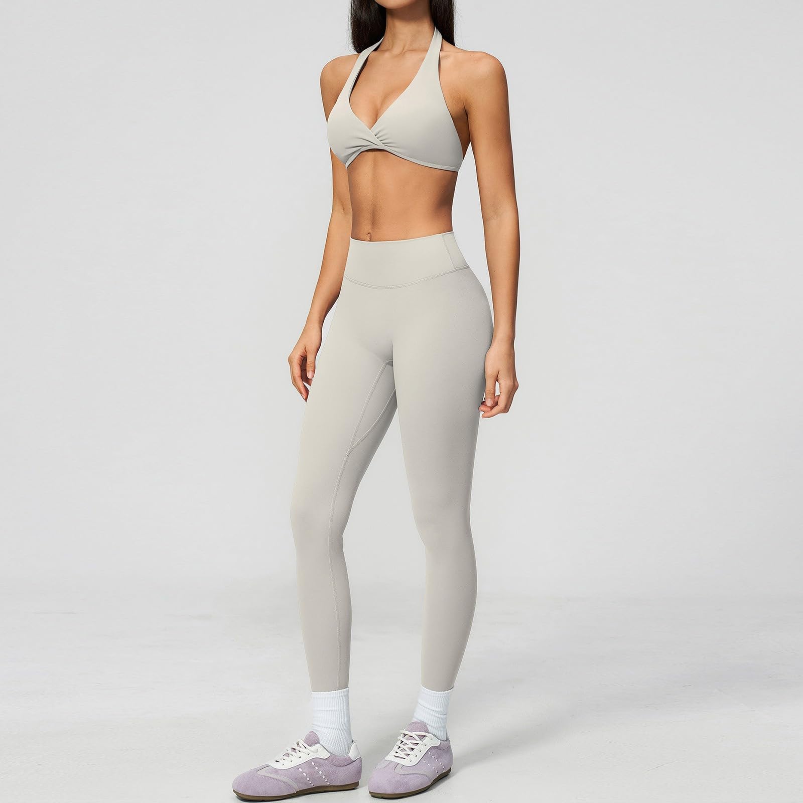 Generisch Reggiseno sportivo da donna con allacciatura al collo, a vita alta, due pezzi, abbigliamento sportivo, per fitness, spalline sottili, abbigliamento estivo, reggiseno imbottito, leggings a
