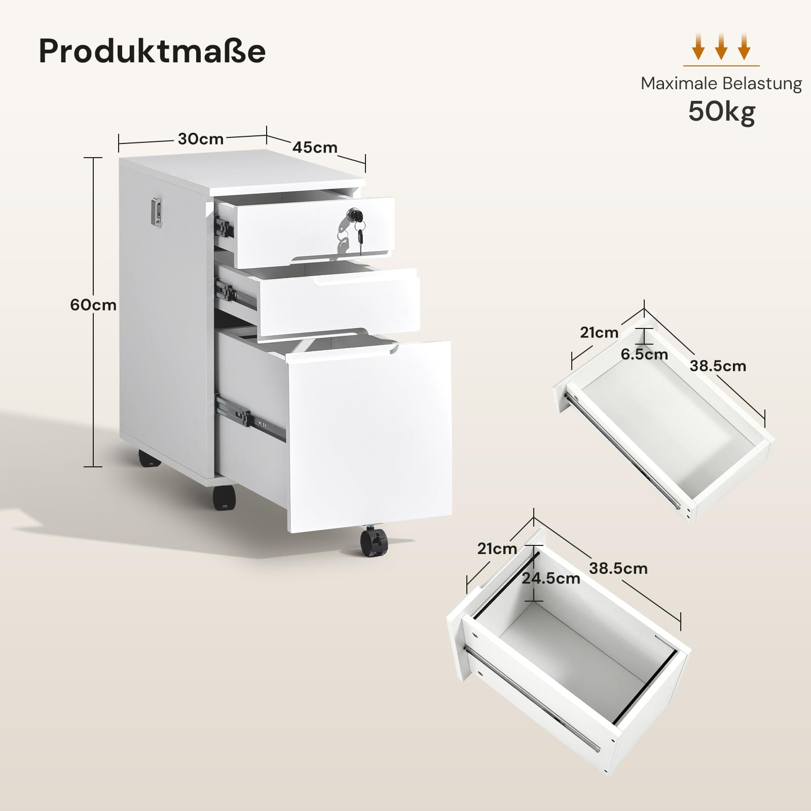 CLIPOP Caisson Mobile verrouillable, Meuble de classement sur roulettes (5 roulettes) avec 3 tiroirs, pour dossiers Suspendus A4/Letter, Meuble sous Bureau pour Bureau et télétravail, Blanc