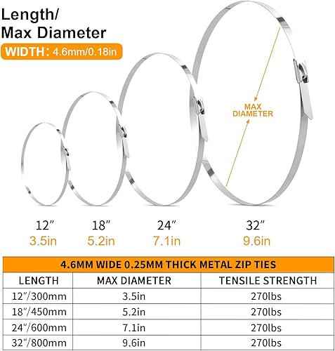 Miniatura 7 de 100 bridas de metal resistentes de acero inoxidable de 12 pulgadas de largo, 270 libras, resistentes a la tracción, lazos de alambre de acero