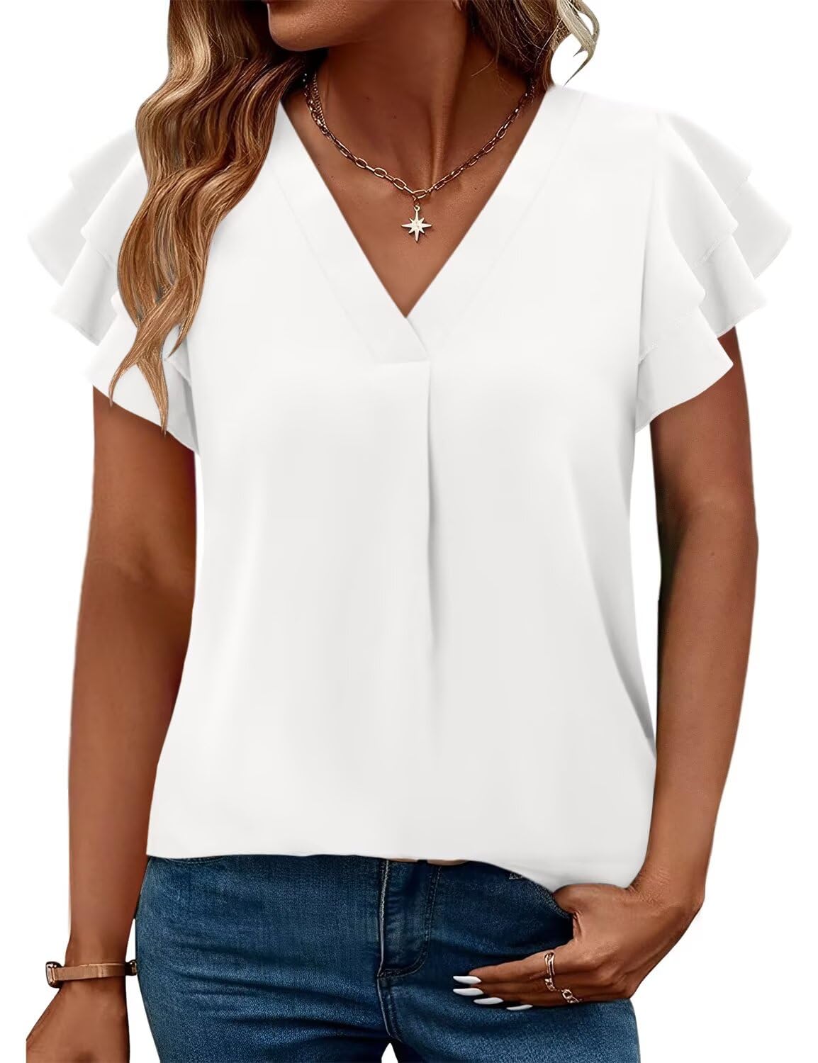 Magritta Womens Tops Dressy Casual Short Sleeve Pleated Tshirt 2025 Summer Loose Fitting Blouse Fashion V Neck Business Shirt