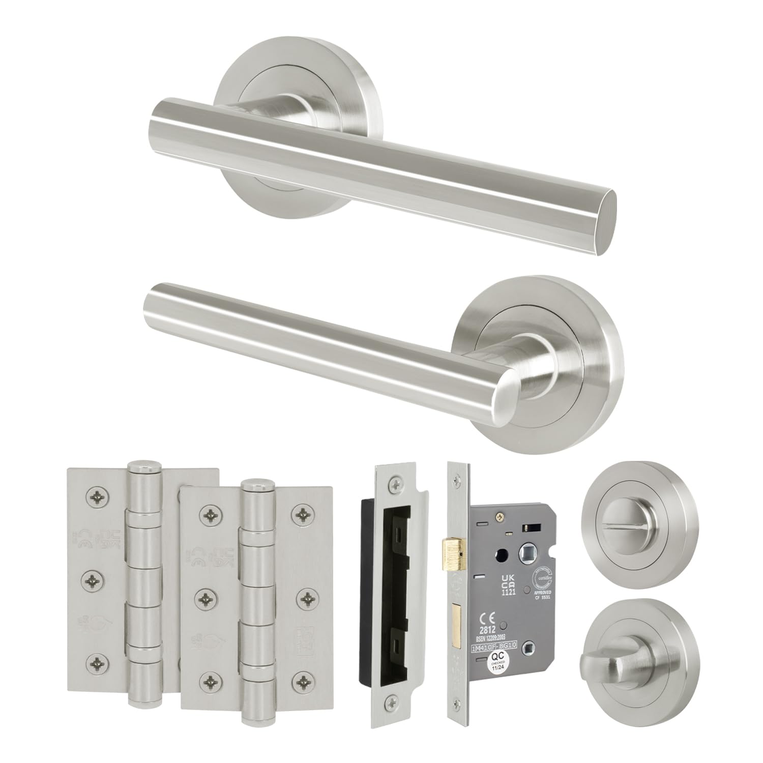EAI Satin Nickel Bathroom Door Handle Set | Round T-Bar Internal Door Handles, Thumb Turn & Release Set, Lock (80mm case) & Hinges (76mm) | Satin Oliena Range
