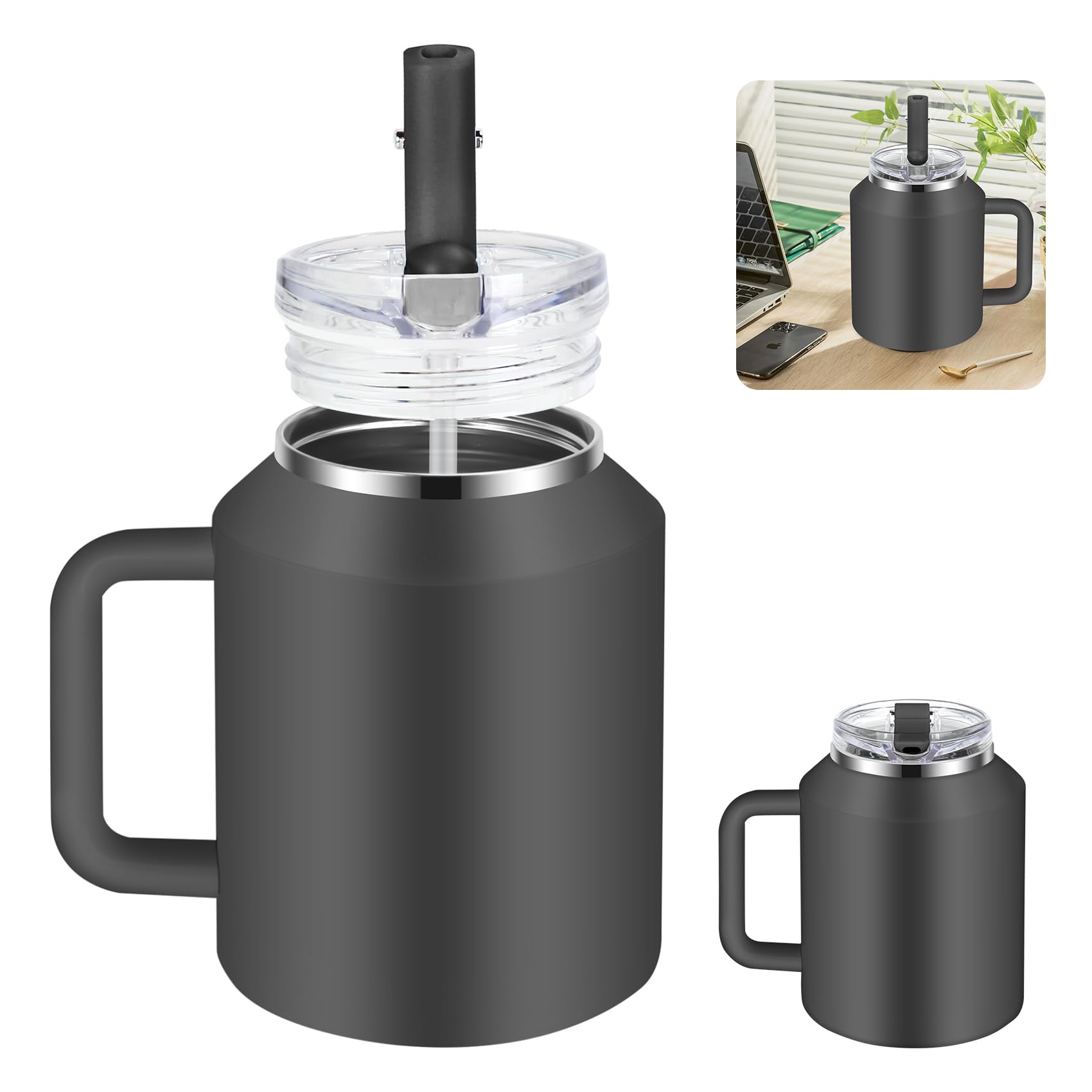 Trinkbecher mit Griff, doppelwandig, vakuumisolierter Edelstahlbecher, auslaufsichere Wasserflasche mit Strohhalm und Deckel, Reisebecher, hält Getränke kalt heiß (Hellgrau)