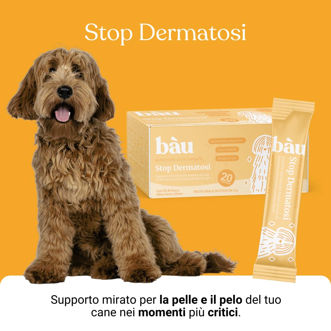 Bau Dermatite Cane e Prurito in Pasta – Stop Dermatosi Integratore Pelle e Mantello – per Perdita Pelo, Cute Irritata e Forfora – Supporto Funzione Dermica in Stick Appetibili