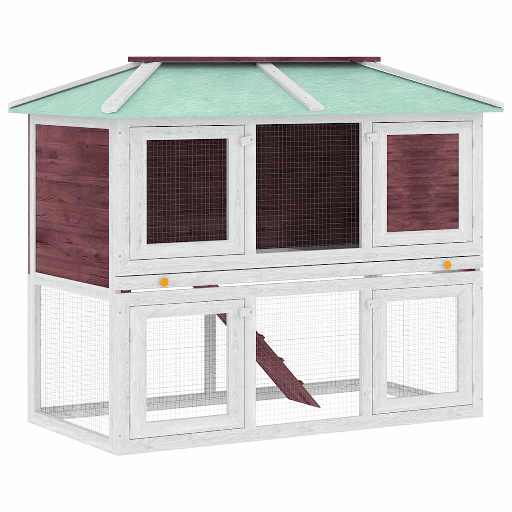 Kaninchenstall 2 Etagen Holz Hasenstall Kleintierstall für draußen mit Rampe und ausziehbarer Wanne Kleintierkäfig für Zwergkaninchen Braun Weiß 130x68x105 cm