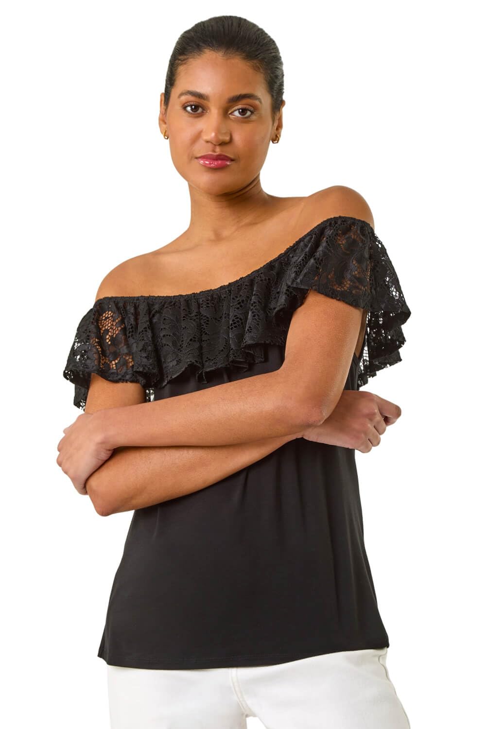 Roman Women's Ivory Lace Trim Bardot Top In | : Size 10